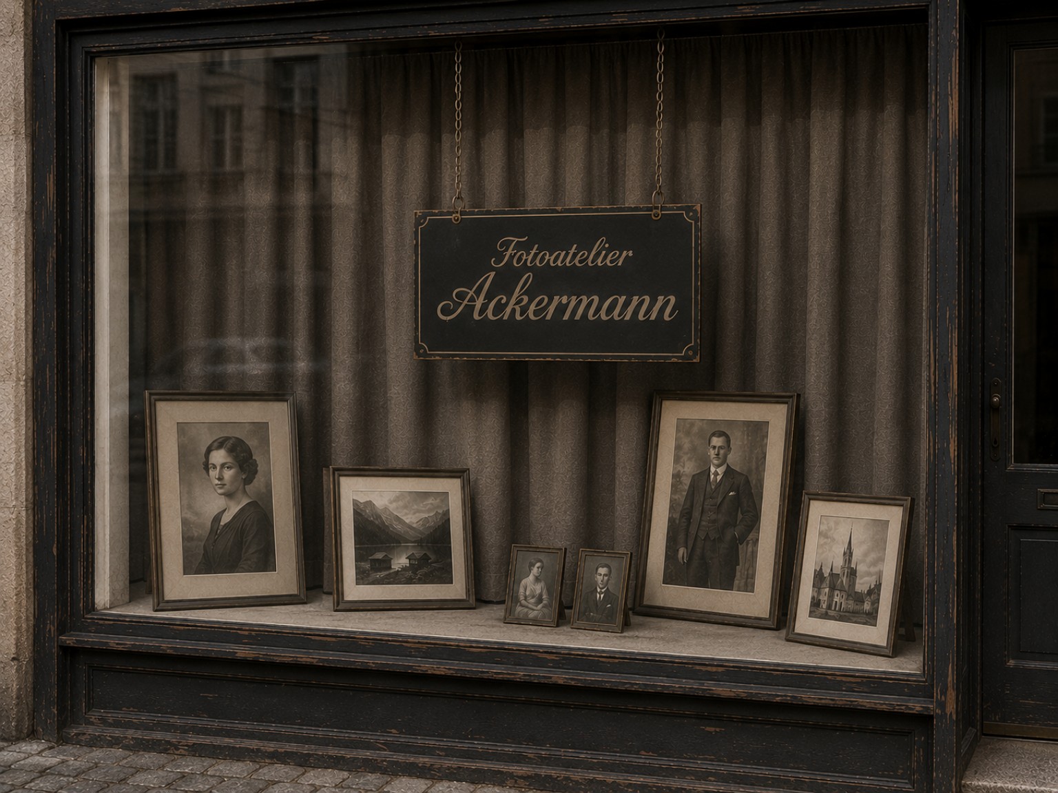 Historisches Fotoatelier Ackermann mit dem Schild Fotoatelier Ackermann im Schaufenster